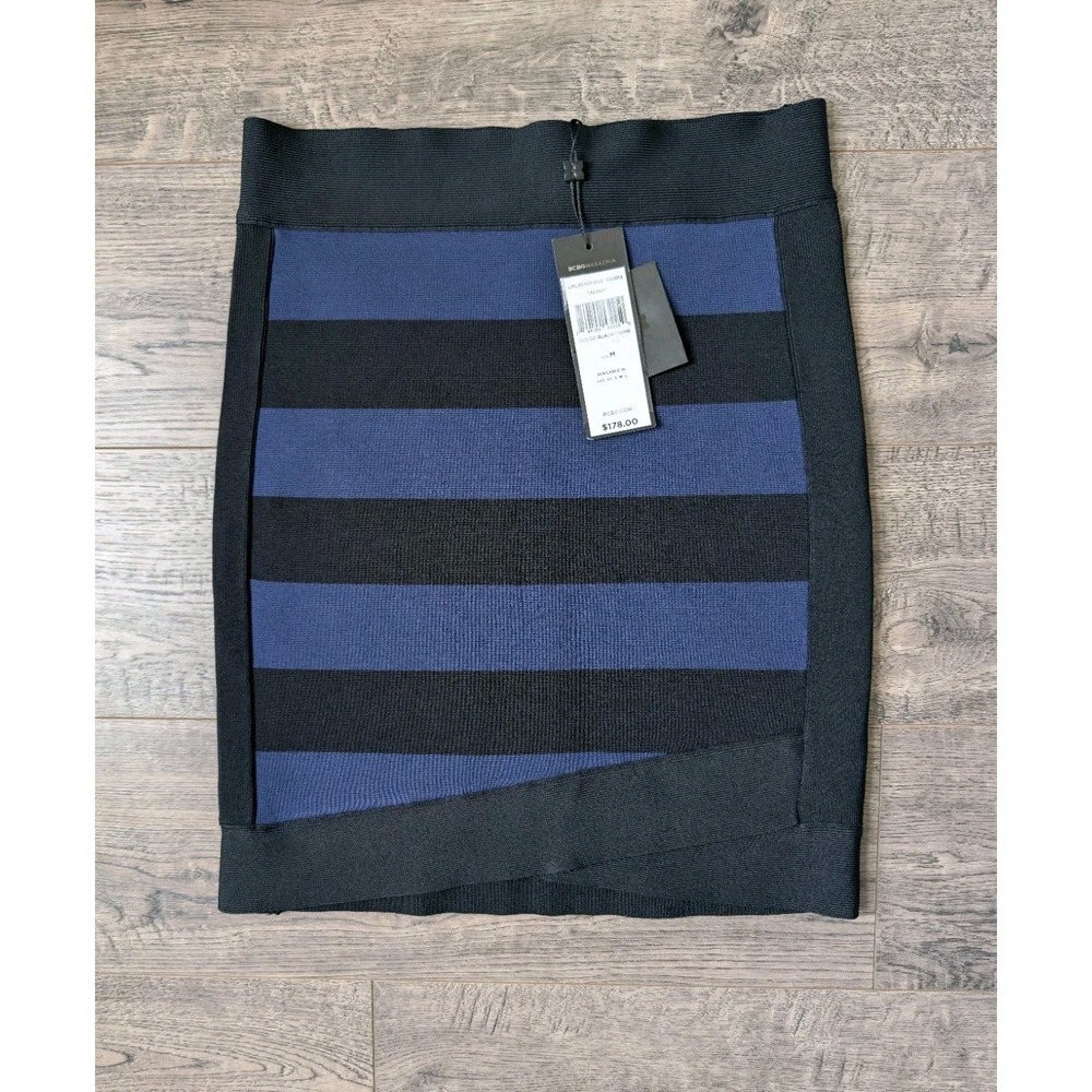 NWT BCBGMAXAZRIA Sz M Striped Bandage Black Blue Colorblock Shaping Mini Skirt